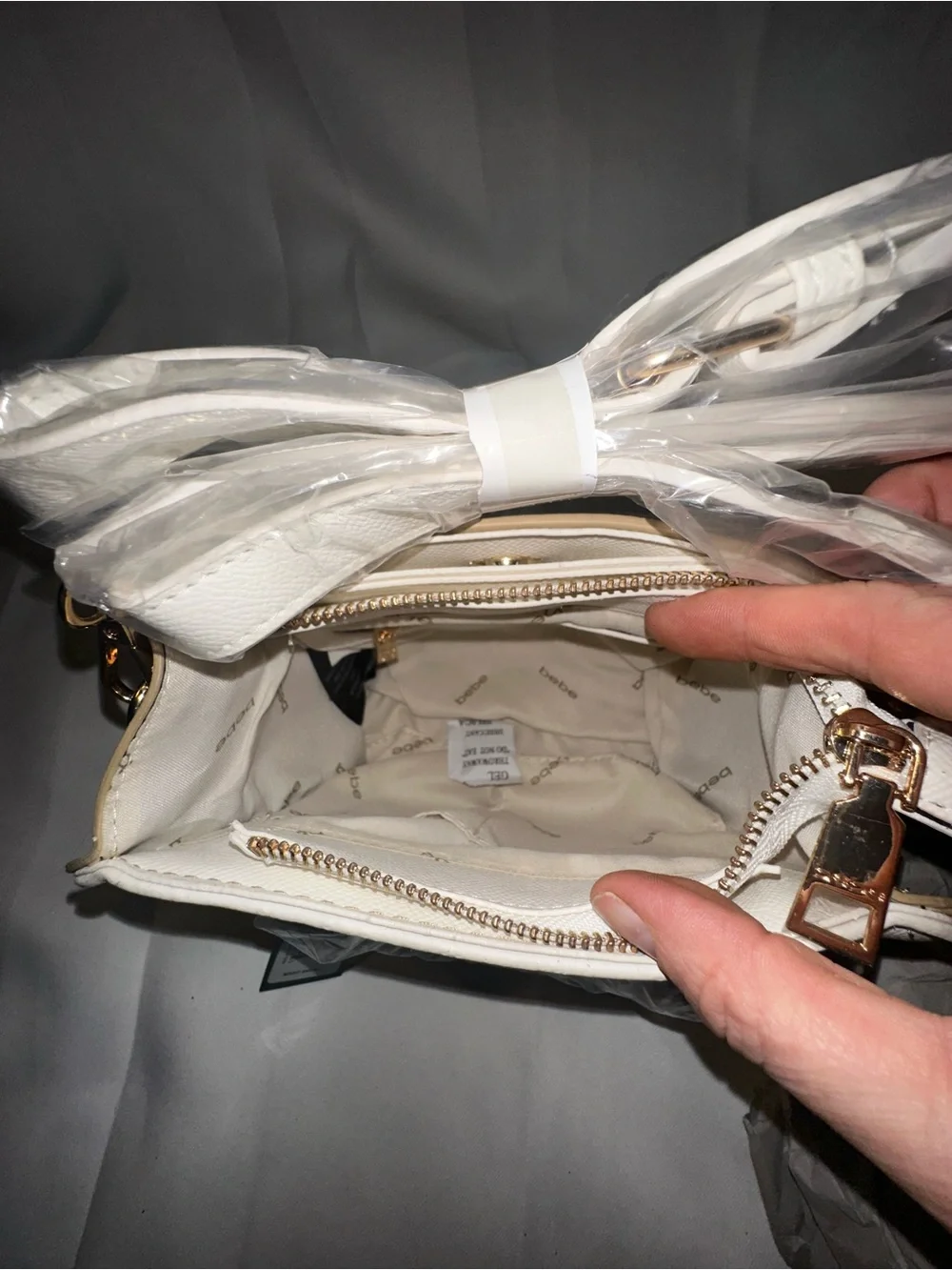 T484. Bebe Structured White & Brown Mini Satchel Handbag with crossbody Straps